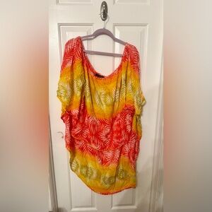 Ashley Stewart Red and Yellow Tropical Leaf Print High/Low Blouse